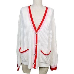Loft Cardigan‎ Sweater XL Cream Red Pink Soft Knit V-Neck Button-Front
